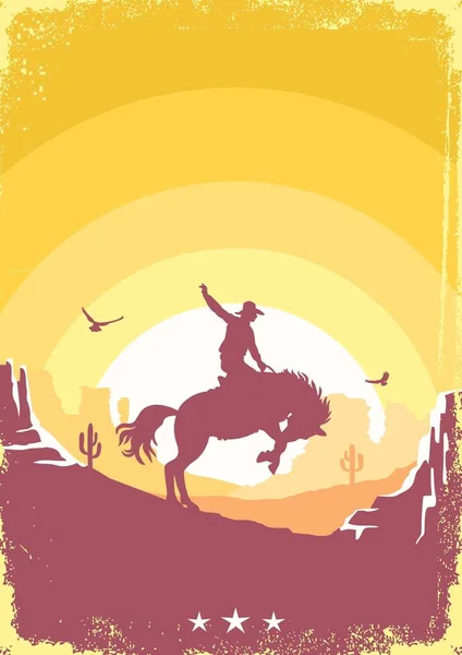 Cowboy Driving Wild Horse Silhouette Vector Arizona Desert Poster Background — Διανυσματικό Αρχείο