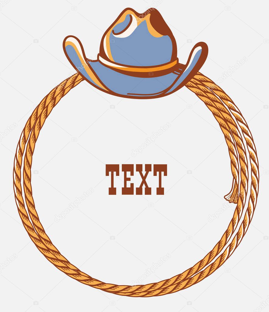 Western cowboy paper background for text. Vector country illustration with cowboy hat and lasso on American desert landscape.
