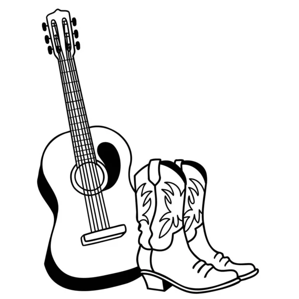 Country Music Acoustic Guitar American Cowboy Boots Vector Hand Draw — стоковый вектор