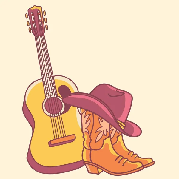 Country Music Acoustic Guitar American Cowboy Boots Cowboy Hat Vector — Archivo Imágenes Vectoriales