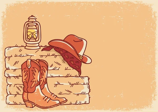 Cowboystiefel Und Cowboyhut Auf Altem Posterhintergrund Mit Stroh Und Heu — Stockvektor