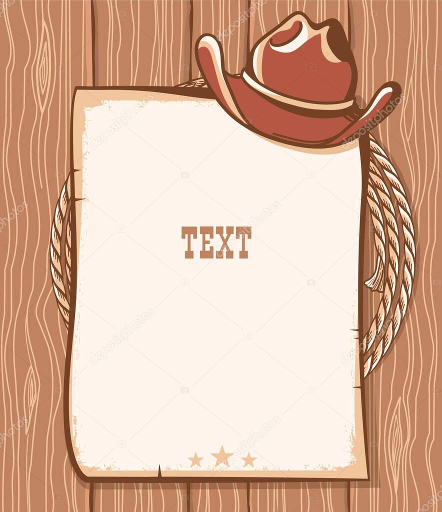 Cowboy paper background for text. Vector western illustration with cowboy hat and lasso on wood texture.