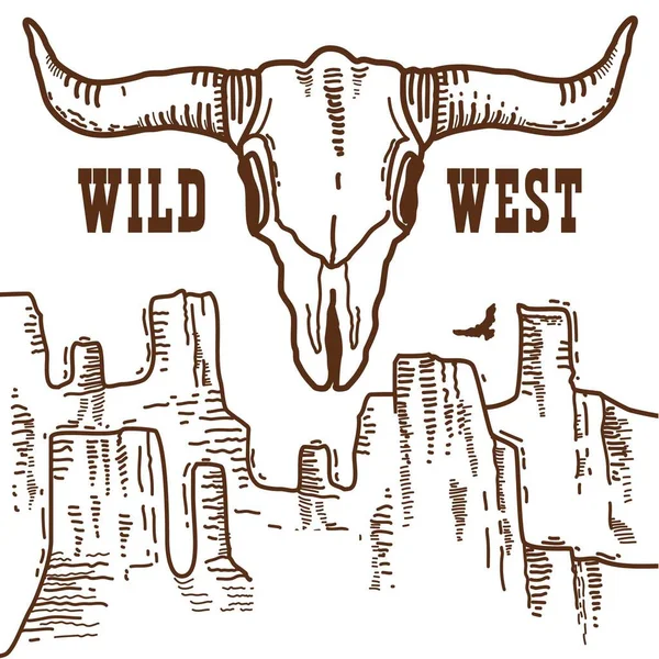 Wild West Symbol Buffalo Skull Desert Text White Background Vector — Stockový vektor