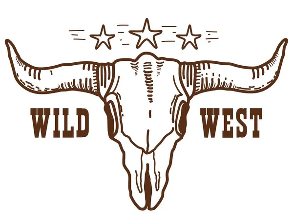 Wild West Symbol Buffalo Skull Stras Text White Background Vector — Vettoriale Stock