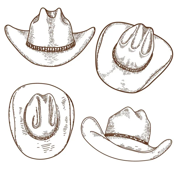 Cowboy Hat Vector Hand Drawn Set Illustration Cowboy Hats Isolated — стоковый вектор