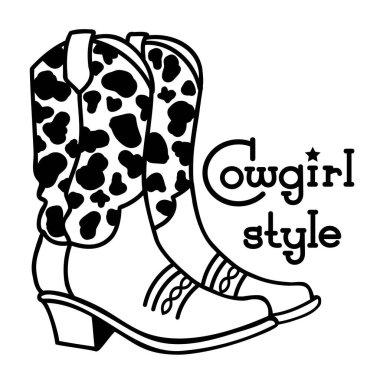 Cowgirl boots vector illustration. Vector Country cowboy boots with cow decoration isolated on white.