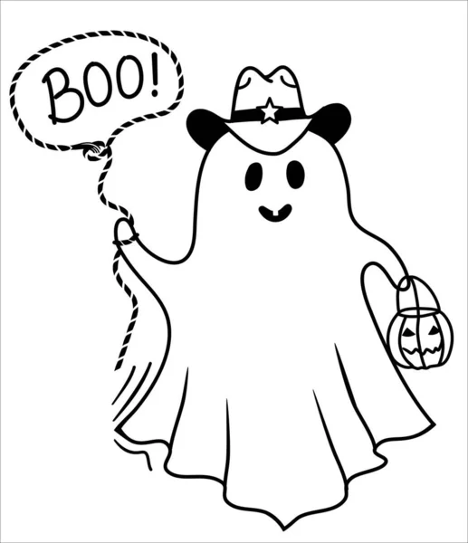 Halloween Cute Grost Cowboy Illustration Vector Hand Drawn Halloween Ghost — Vettoriale Stock