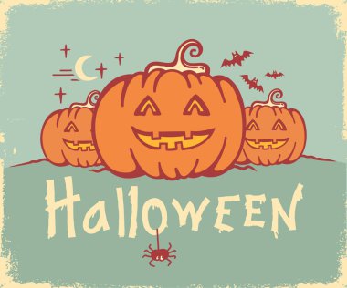 Halloween pumpkins card with text and symbol spider web and bats. Vector color printable vintage poster halloween on old paper bakground