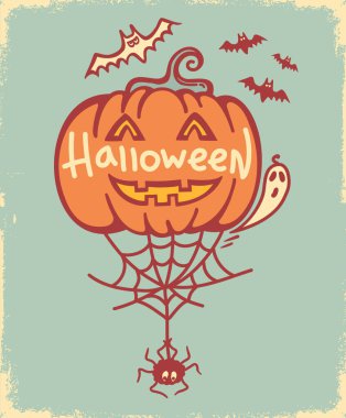 Halloween pumpkin card with spider web and bats on vintage poster. Vector halloween symbol isolated on old paper background.