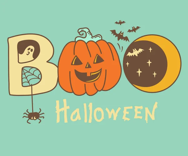 Halloween boo lettering holiday symbol. Vector color hand drawn boo text with halloween pumpkin and spider web and ghost decoration for card background.