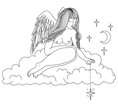 Kanatlı kadın melek bulutlarda oturuyor ve gökyüzü yıldızını elinde tutuyor. Vektör el çizimi biçim çizimi yazdırmak için beyaz üzerine izole edilmiş