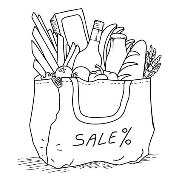 Οικολογική Τσάντα Φαγητό Σακούλα Παντοπωλείου Φρέσκα Τρόφιμα Διανυσματική Απεικόνιση Χέρι — Διανυσματικό Αρχείο
