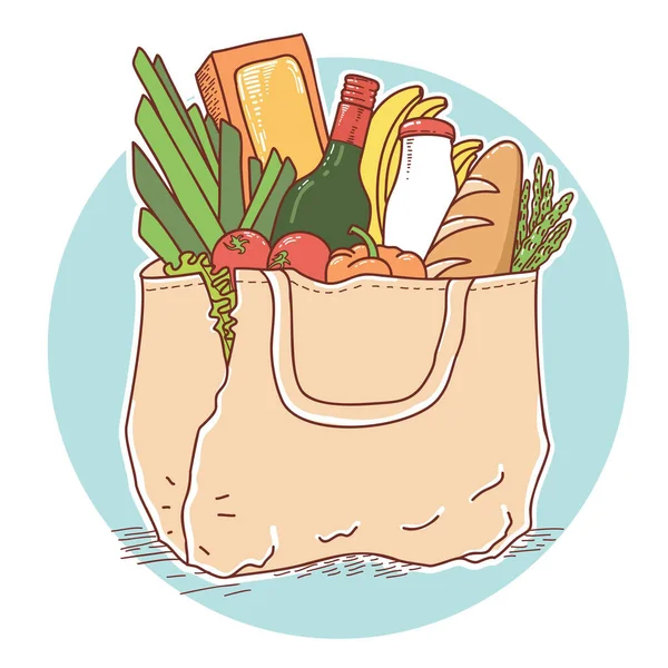 带有食品符号的环保袋 食品杂货袋新鲜食品向量手绘的颜色在白色上孤立 零废物符号概念 — 图库矢量图片