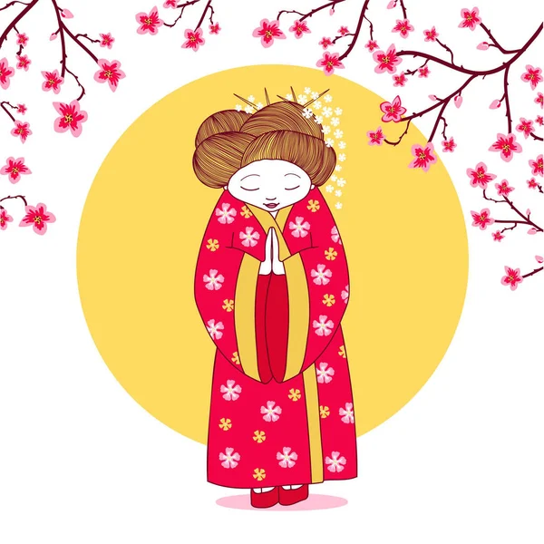 Jovem Mulher Vestindo Kimono Japonês Flores Sakura Árvores Decoração Vector —  Vetores de Stock
