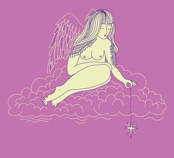 Ángel Mujer Con Alas Sentado Nube Azul Sosteniendo Estrella Mágica — Archivo Imágenes Vectoriales