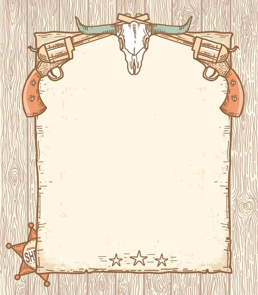 野生西部海报老式背景 矢量手绘西图 用警长明星和牛仔套索和枪在木头纹理背景上 — 图库矢量图片