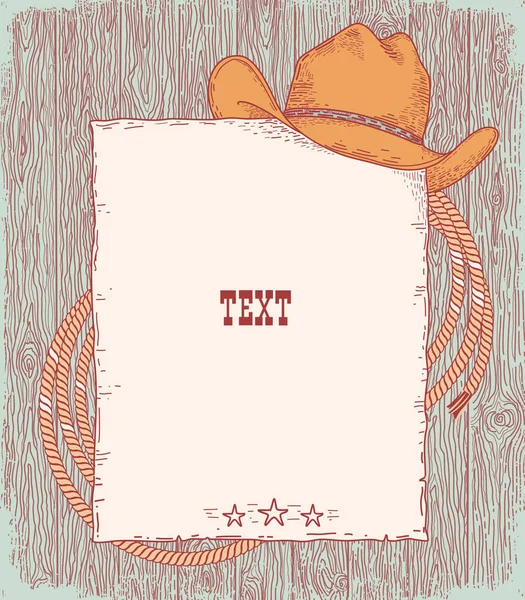テキストのカウボーイの背景 ベクトル手描き古い紙の背景でカウボーイカントリー帽子とラッソオンヴィンテージグランジウッドテクスチャ — ストックベクタ