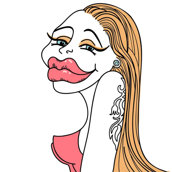 Stilvolles Frauenporträt Mit Langen Haaren Und Botox Lippen Vektor Karikatur — Stockvektor