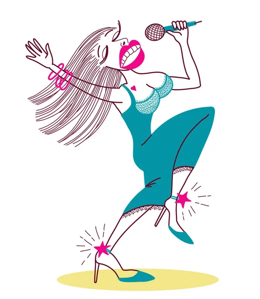 Expressive Singer Woman Microphone Girl Pop Star Singing Vector Illustration — Stock Vector