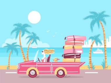 Sun Beach 'e araba süren bir kadın. Bavul çantalı çekici sarışın kadın yaz tatiline pembe Cabriolet ile gidiyor. Tropikal palmiyelerin ve plaj geçmişinin vektör çizimi.