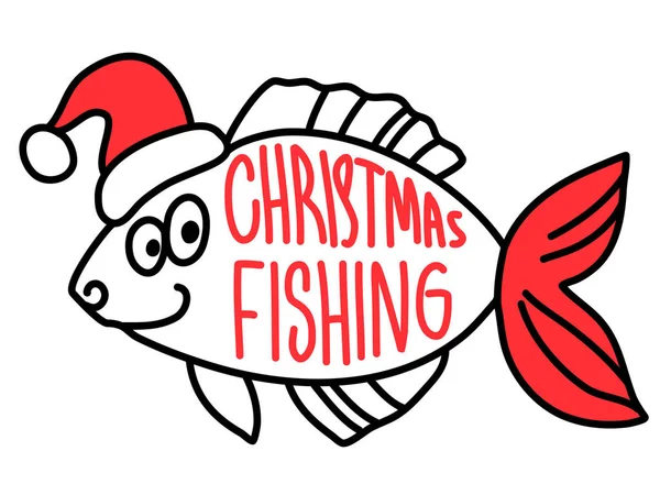 Christmas Fish Santa Red Hat Vector Winter Fishing Symbol Hand — Stock Vector