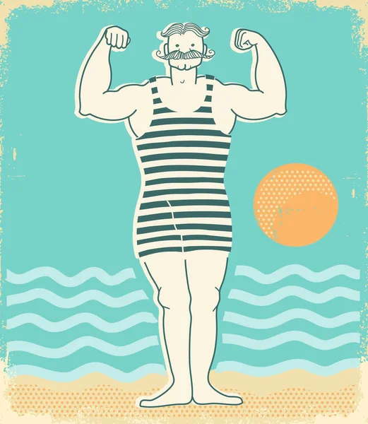 Man Vintage Swimming Dress Sun Beach Sea Waves Poster Vector — Stock Vector