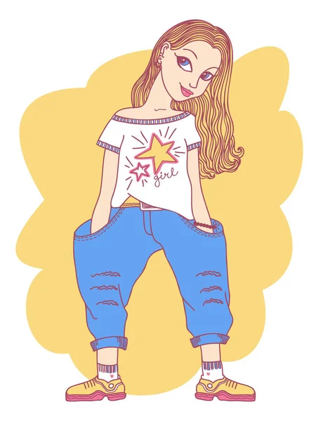 Linda Chica Joven Ropa Mezclilla Moda Ilustración Dibujada Mano Vectorial — Vector de stock