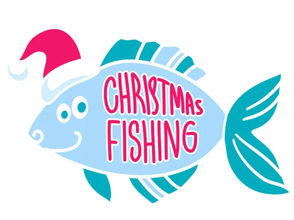 Christmas Fish Santa Red Hat Vector Winter Fishing Symbol Hand — Stock Vector