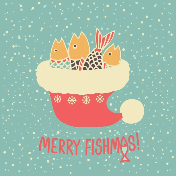 Christmas Fishing Fishes Santa Red Hat Vector Winter Fishing Illustration — Stock Vector