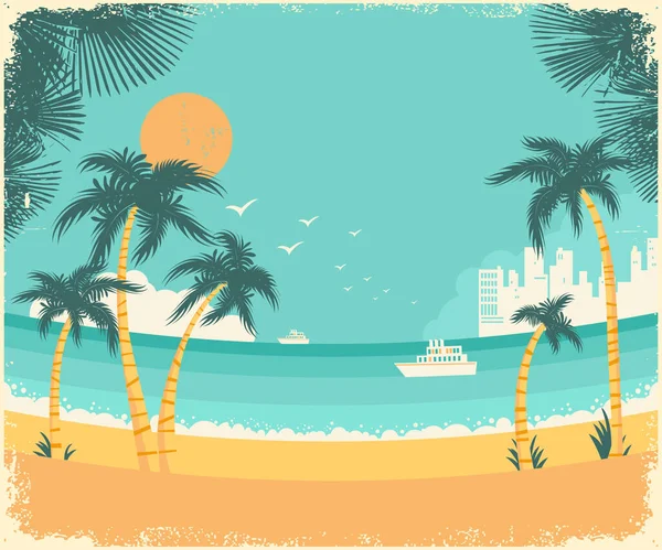 Beautiful Sea Waves Vintage Poster Landscape Tropical Palms Summer Beach — Stock Vector