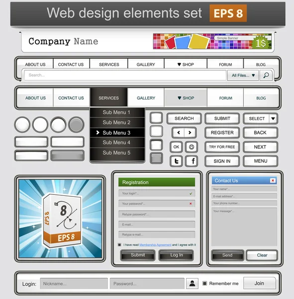 Blanco conjunto de elementos de diseño web . — Archivo Imágenes Vectoriales