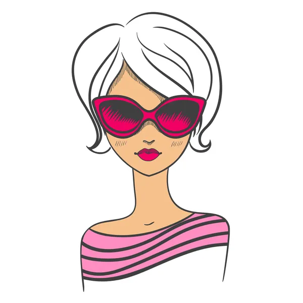 Fashionable girl in sunglasses. Drawn by hand — Stock Vector