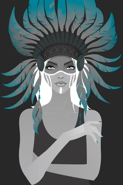 Hermosa chica en un tocado de plumas — Vector de stock