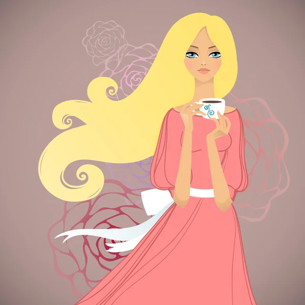 Girl with cup of tea on floral background — Stock Vector