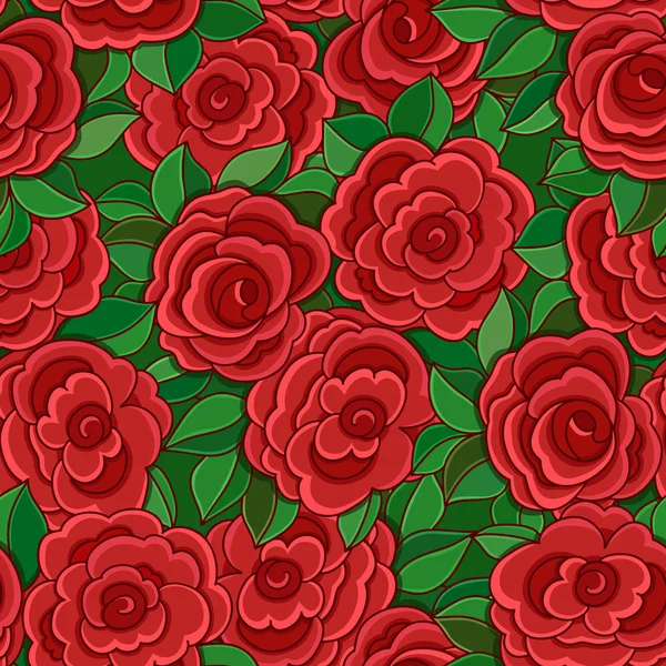 Seamless background with red roses and leaves. — Stock Vector