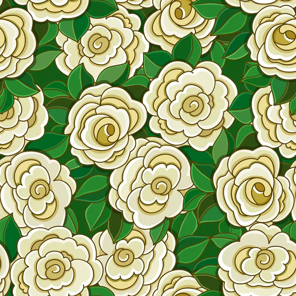 Seamless background with white roses and leaves. — Stock Vector