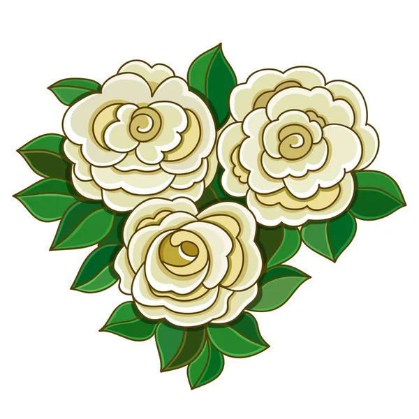 Roses blanches avec des feuilles isolées sur fond blanc . — Image vectorielle