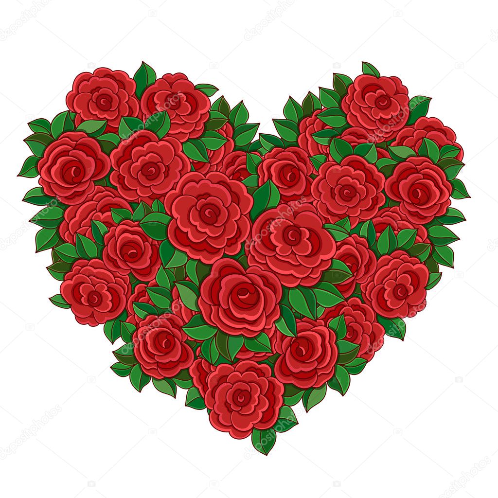 Wreath in the shape of a heart of red roses.