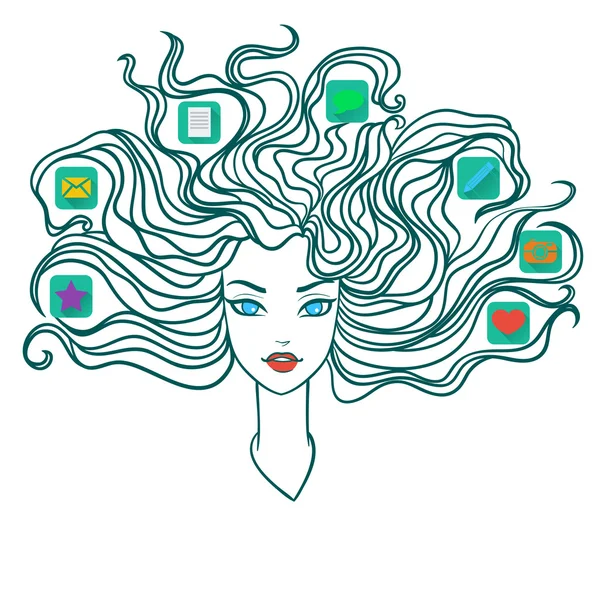 Flicka med sociala medier ikoner i hår — Stock vektor