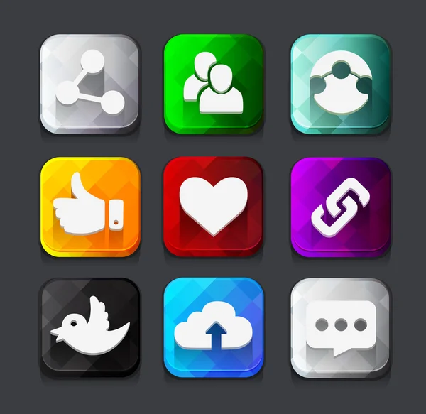 Ensemble de boutons d'icône de réseau social couleur avec nuage d'oiseaux twitter — Image vectorielle
