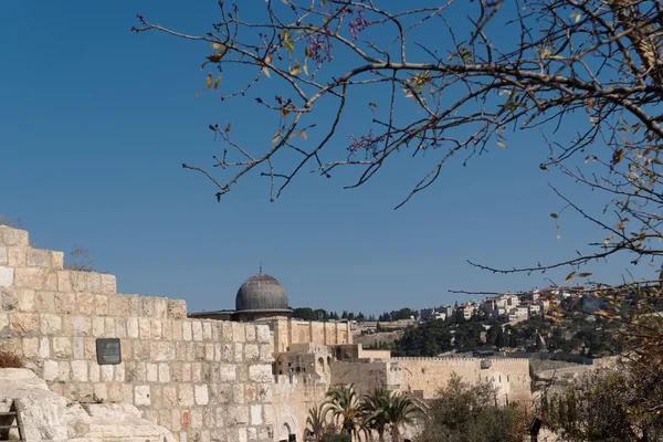 アル アクサ モスクと旧市街の壁、エルサレムで寺院の台紙 — ストック写真