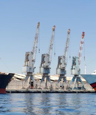 Row of four cranes in Eilat harbor, Israel clipart