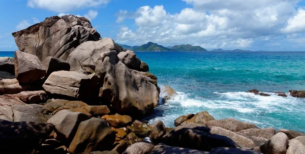 Scenic Granite Rocks Ocean Anse Severe Beach Digue Island Seychelles — стокове фото