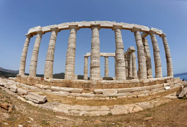 Fisheye Kilátás Romjai Poszeidón Temploma Cape Sounion Közelében Athén Görögország Stock Fotó