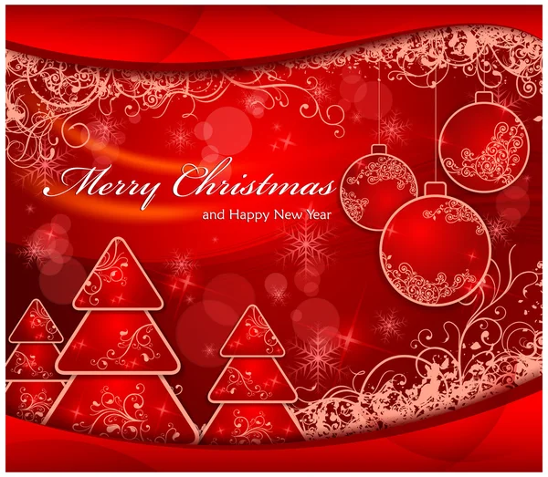 Fond de Noël avec des arbres et des boules en rouge & texte — Image vectorielle