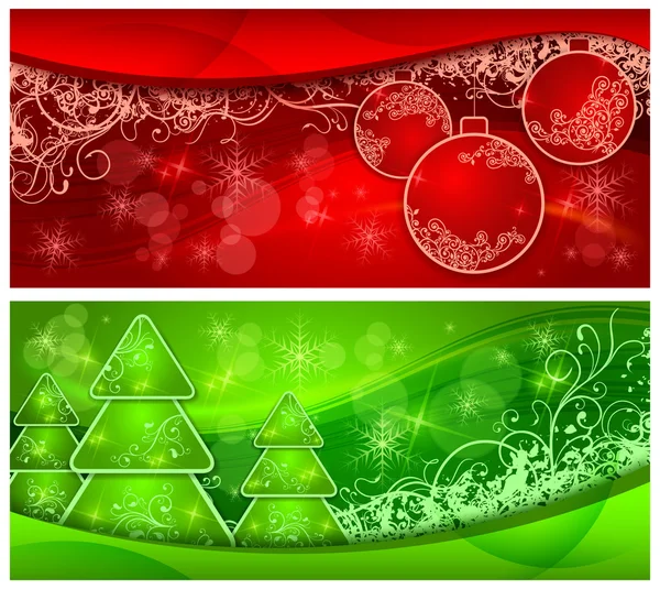 Weihnachten zwei Hintergrund mit Bäumen und Kugeln — Stockvektor