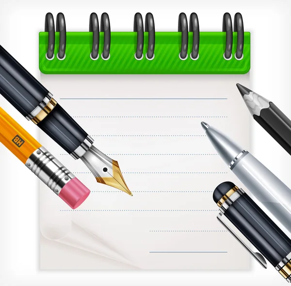 Notebook y herramientas de escritura — Vector de stock