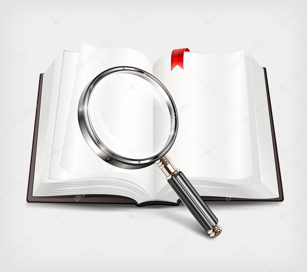 Open book and magnifying glass on white