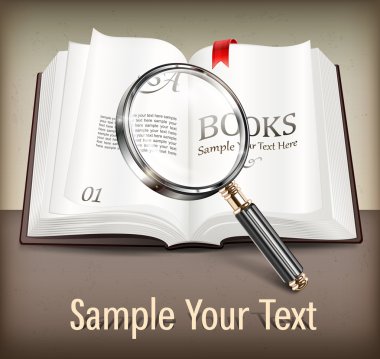 Masanın üzerinde açık kitap ve büyüteç