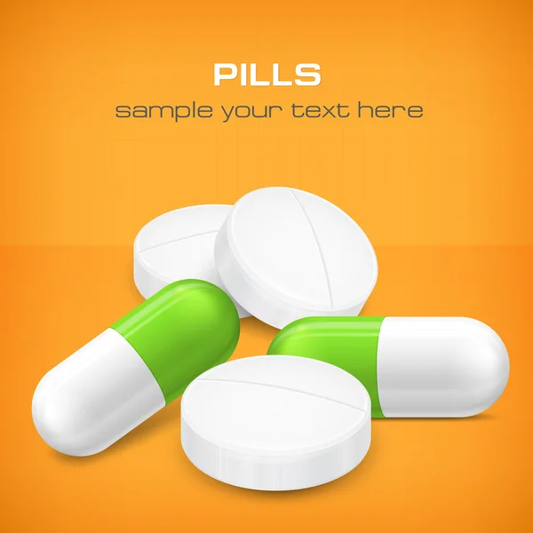 Different pills on yellow — Stock Vector